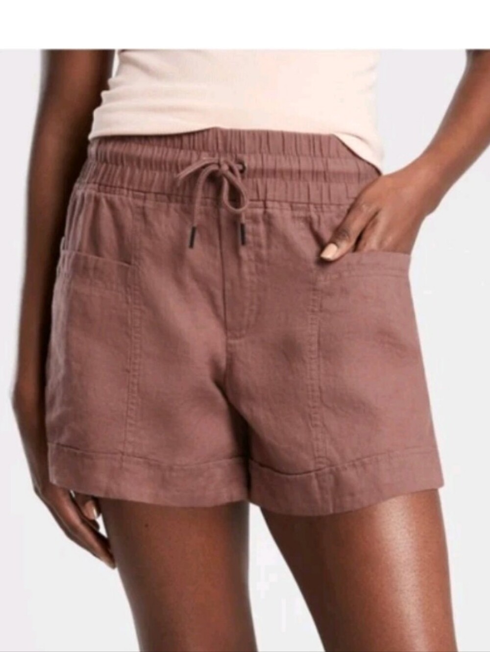 Athleta Cabo 100% Linen 4" Shorts Women Sz 10 Rose Chambray Pull On Coastal - Picture 2 of 10